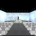 Modern Event Stage Setting With Speaker Blue Visual Front Trend Background And White Sofas 3d model