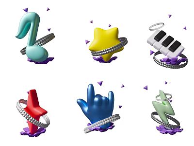 Colorful 3D Art Installations With Silver Rings Purple Bases And Shapes Like Music Notes Stars Piano Keys Rock Hand 3d model