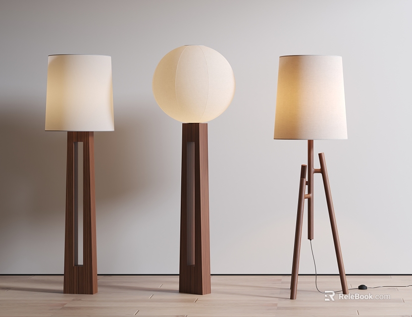 Three Modern Floor Lamps With Wooden Bases White Shades Different Designs Against Light Wall 3d model 