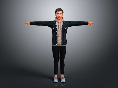 Man Standing With Outstretched Arms Wearing Denim Jacket Hoodie Black Pants And Blue Shoes 3d model