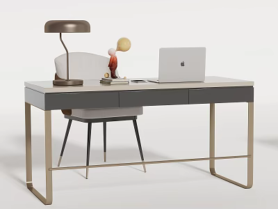 Modern Desk with Table Lamp Laptop Decorative Ornament and Comfortable Chair 3d model