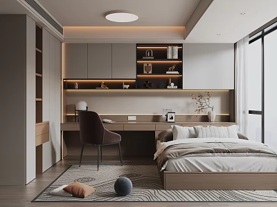 Modern Tatami Bedroom Interior Design With Platform Bed Writing Desk And Shelves 3d model