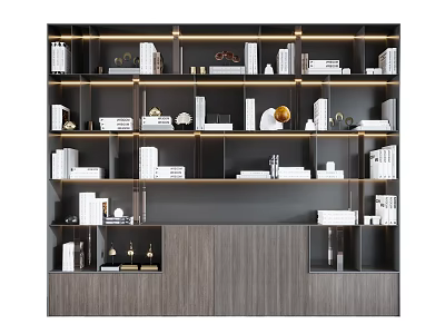 Stylish Modern Bookcase With Multiple Shelves Books Decorative Pieces And Warm Lighting 3d model