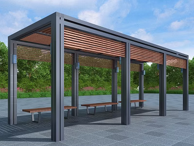 Modern Pergola With Metal Frame Wooden Slatted Roof And Benches In Outdoor Green Space 3d model