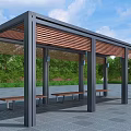 Modern Pergola With Metal Frame Wooden Slatted Roof And Benches In Outdoor Green Space