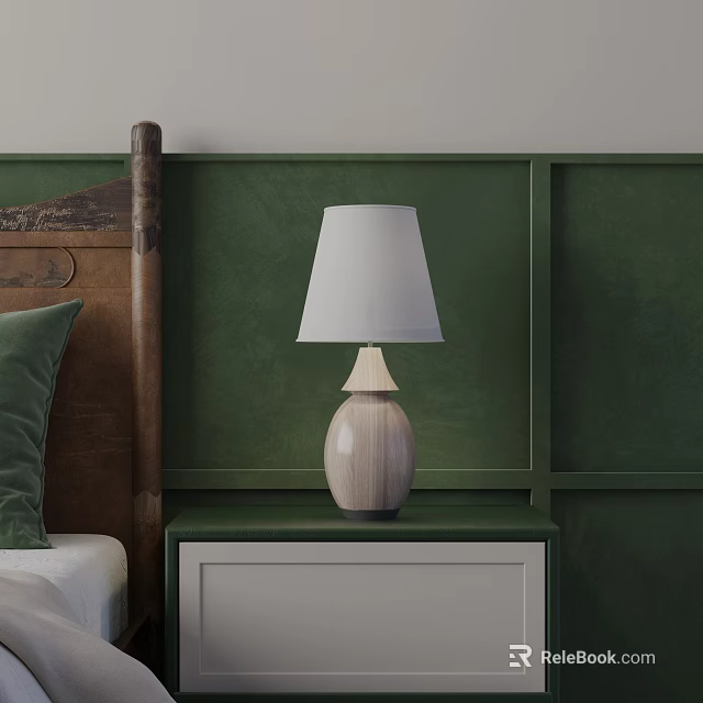 Wooden Base Table Lamp With White Lampshade On Green Bedside Table In Bedroom 3d model 