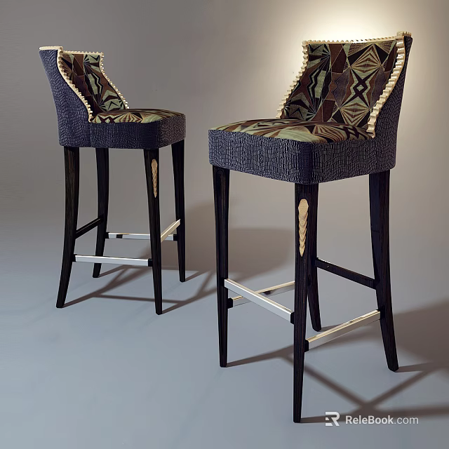 Two Stylish Bar Stools With Patterned Upholstery Dark Wooden Legs And Metal Footrest 3d model 