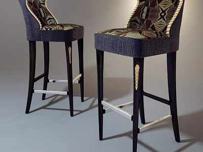 Two Stylish Bar Stools With Patterned Upholstery Dark Wooden Legs And Metal Footrest 3d model