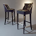 Two Stylish Bar Stools With Patterned Upholstery Dark Wooden Legs And Metal Footrest