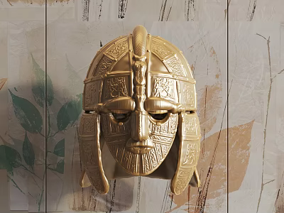 Ancient Golden Helmet Sculpture With Intricate Carvings And Leaf Decor On Wooden Wall 3d model