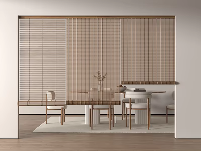 Modern Wooden Blinds As Room Divider In Dining Area With Tables And Chairs 3d model