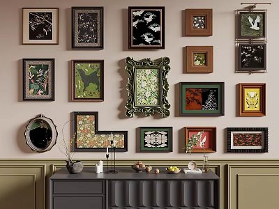 Wall Decor Featuring Various Framed Artworks And Gray Cabinet Decor Items 3d model
