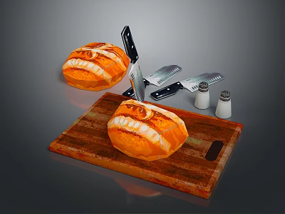 Fresh Homemade Bread on Wooden Cutting Board with Knives Grater and Salt Pepper Shakers 3d model
