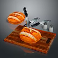 Fresh Homemade Bread on Wooden Cutting Board with Knives Grater and Salt Pepper Shakers