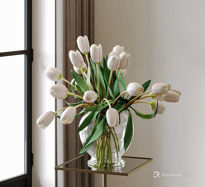 White Tulips in Transparent Glass Vase with Green Leaves on Golden Frame Table near Window 3d model 