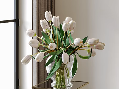 White Tulips in Transparent Glass Vase with Green Leaves on Golden Frame Table near Window 3d model