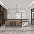 Dining and Living Room Interior With Round Table Marble Wall And Pendant Lights