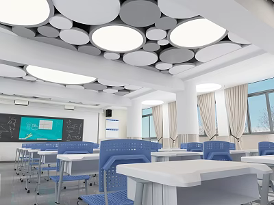 School Classroom Interior With Blue Chairs White Desks Blackboard And Round Ceiling Lights 3d model