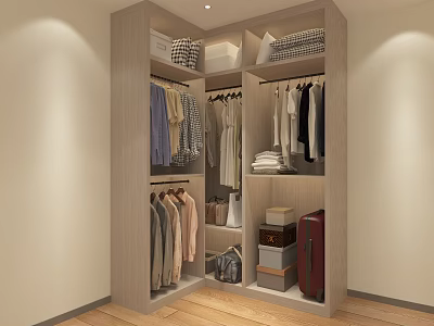 Modern Open Wardrobe Design With Hanging Clothes Folded Items Storage Boxes And Suitcase 3d model