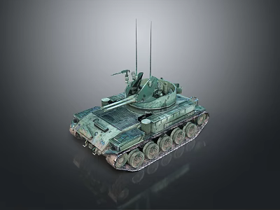 Green Military Tank With Gun Turret Tracks And Antennas On Gray Background 3d model