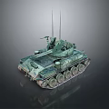 Green Military Tank With Gun Turret Tracks And Antennas On Gray Background