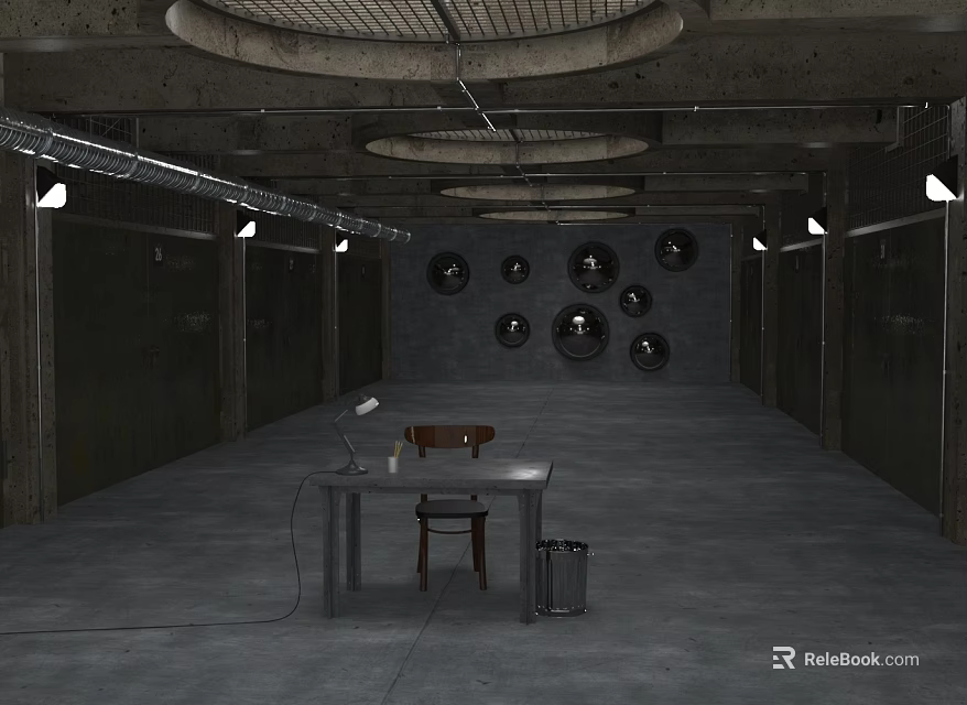 Control Room Interior With Gray Walls Ceiling Circular Black Objects Wooden Table Lamp And Chair 3d model 