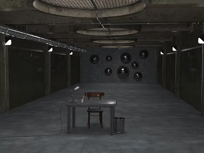 Control Room Interior With Gray Walls Ceiling Circular Black Objects Wooden Table Lamp And Chair 3d model