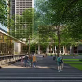 Industrial Factory Building Exterior With Lush Trees Green Lawn People Strolling And Bicycles