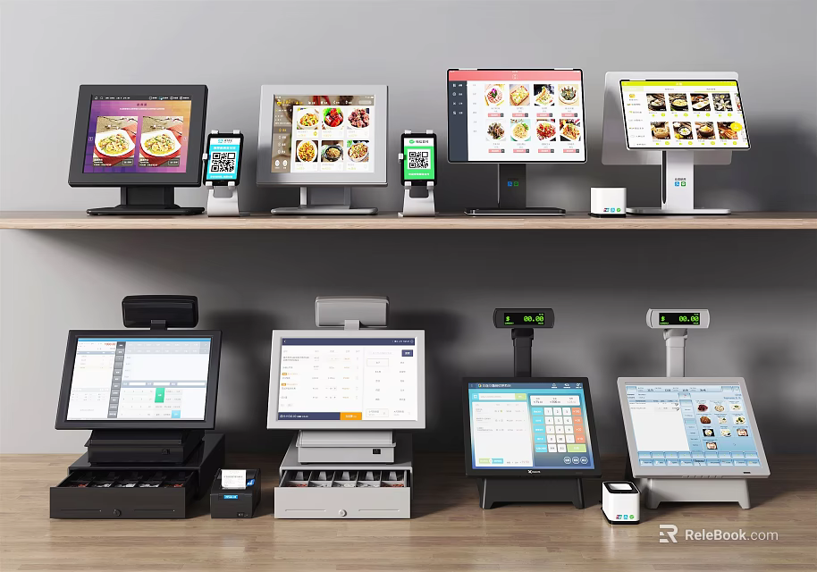 Commercial POS Equipment With Multiple Touch Screen Displays And Cash Registers 3d model 