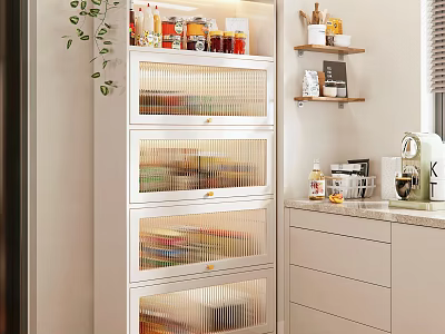 White Kitchen Storage Cabinet With Glass Doors And Organized Food Items On Wall Shelves 3d model