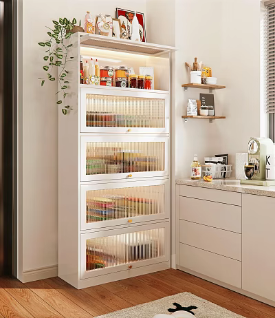 White Kitchen Storage Cabinet With Glass Doors And Organized Food Items On Wall Shelves 3d model