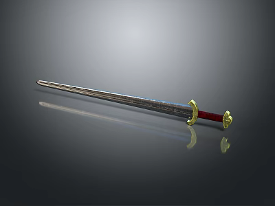 Traditional Decorative Sword With Golden Accents Red Hilt And Engraved Blade On Reflective Surface 3d model