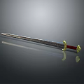 Traditional Decorative Sword With Golden Accents Red Hilt And Engraved Blade On Reflective Surface