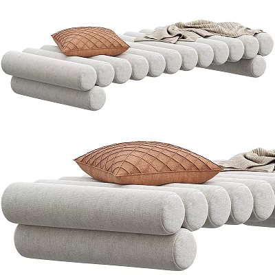 Gray Fabric Sofa Bench With Cylindrical Seats And Brown Decorative Cushion 3d model