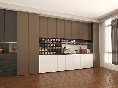 Modern Kitchen Sideboard With Light And Dark Wooden Cabinets Display Shelves And Appliances 3d model