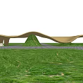 Modern Curved Entrance Gate Design In Demonstration Area With Green Lawn Plaza And Visitors