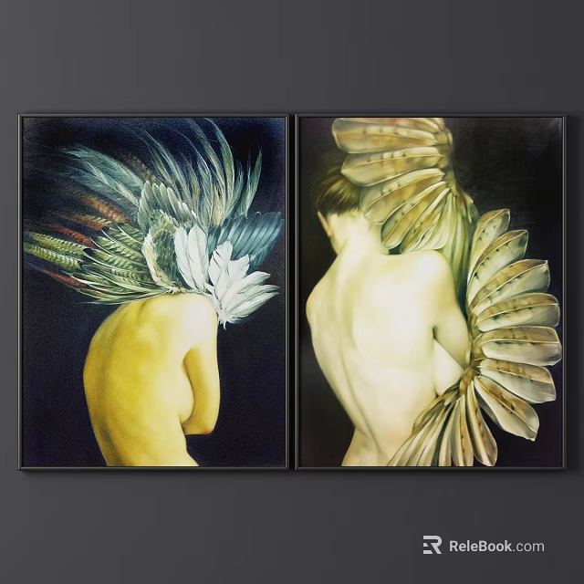Nude Figure Paintings With Rear View And Feather Adornments On Dark Background 3d model 