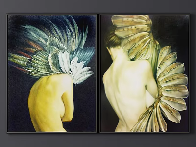 Nude Figure Paintings With Rear View And Feather Adornments On Dark Background 3d model