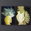 Nude Figure Paintings With Rear View And Feather Adornments On Dark Background