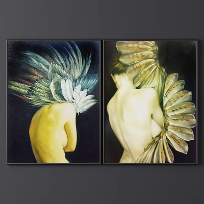 Nude Figure Paintings With Rear View And Feather Adornments On Dark Background 3d model