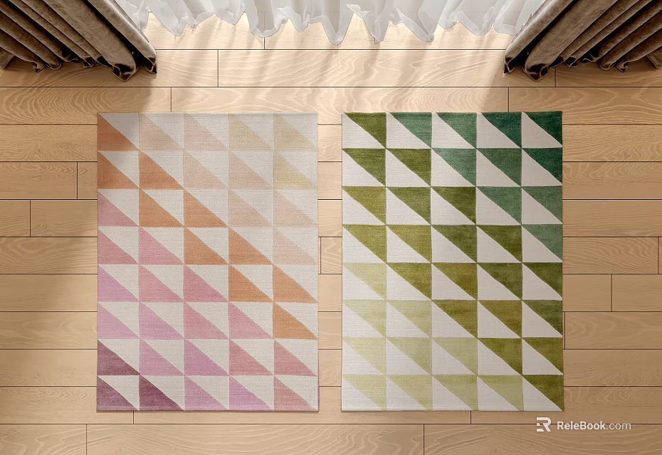 Square Rugs With Triangular Patterns And Gradient Colors On Wooden Floor 3d model