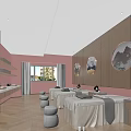 SPA Sauna Interior Design Featuring Treatment Tables Gray Stools Wooden Walls Round Paintings Natural Light