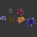 Multiple Colorful Abstract Flower Sculptures On Black Background With Clear Reflections