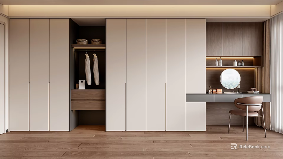 Modern Minimalist Wardrobe With White Panel Built in Storage Drawers Hanging Space And Side Desk 3d model 