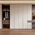 Modern Minimalist Wardrobe With White Panel Built in Storage Drawers Hanging Space And Side Desk