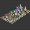 Cartoon City Model With Colorful Buildings Skyscrapers Rivers And Green Spaces