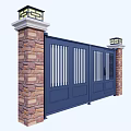 Building Exterior Design With Blue Double Gate And Brick Walls Top Lamp Posts