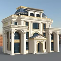Elegant European Style Detached Villa with White Exterior Blue Roof Classic Columns in Urban Background