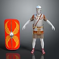 Roman Soldier Armor and Shield Set with Red Surface and Golden Wing Patterns 3d model