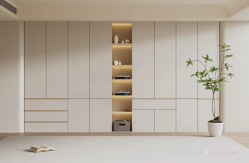 Modern Light Tone Wardrobe With Built in LED Light Open Shelf Storage And Potted Plant 3d model 